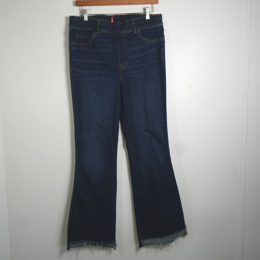 Spanx Flare Jeans Women Large Tall Dark Wash High Rise Raw Hem Pull On 20327T
